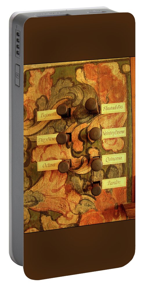 Baroque Organ Stops Portable Battery Charger featuring the photograph Organ Stops on Restored Organ in Tlacochahuaya Mexico by Lorena Cassady