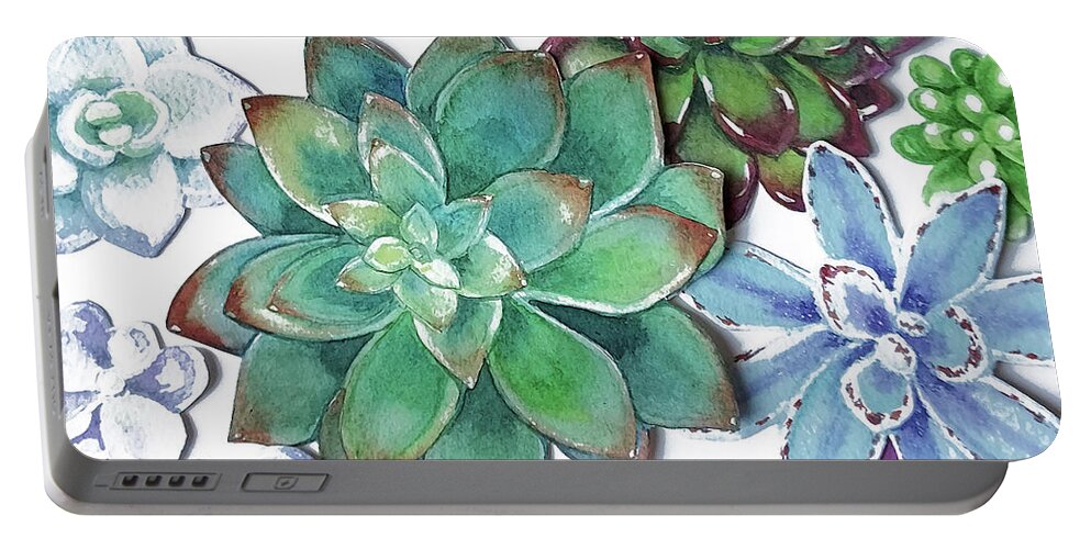Succulent Portable Battery Charger featuring the painting Organic Beautiful Succulent Plants Garden Watercolor Art Decor I by Irina Sztukowski