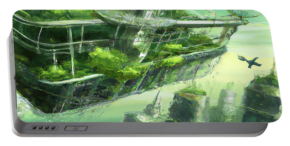 Space City Portable Battery Charger featuring the digital art Organic Green Futuristic City by Cathy Anderson