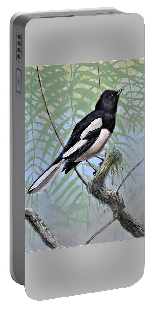 Oriental Magpie-robin Portable Battery Charger featuring the painting Oriental Magpie-Robin by Barry Kent MacKay