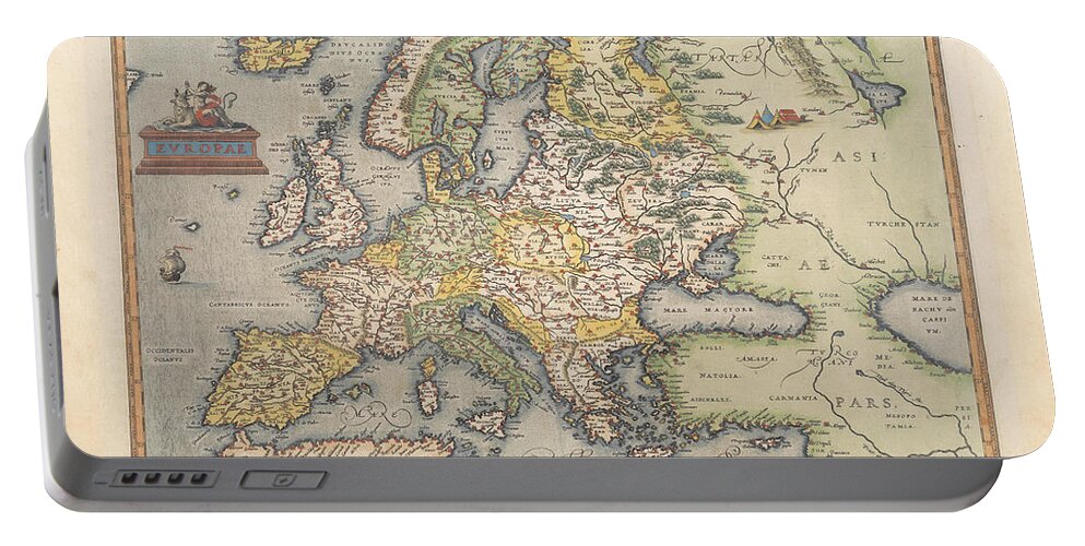 Map Portable Battery Charger featuring the painting ORTELIUS Europae by MotionAge Designs