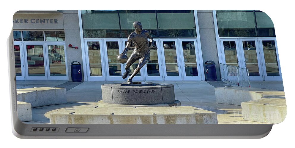 Basketball Portable Battery Charger featuring the photograph Oscar Robertson Statue in Front of University of Cincinnati Fifth Third Arena 5318 by Jack Schultz