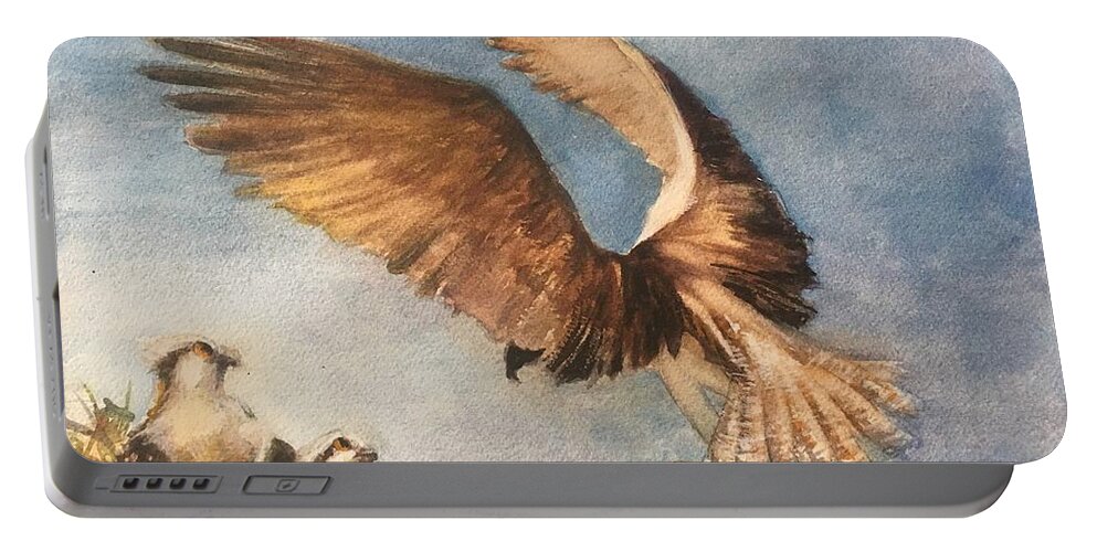 Osprey Portable Battery Charger featuring the painting Osprey Landing by B Rossitto