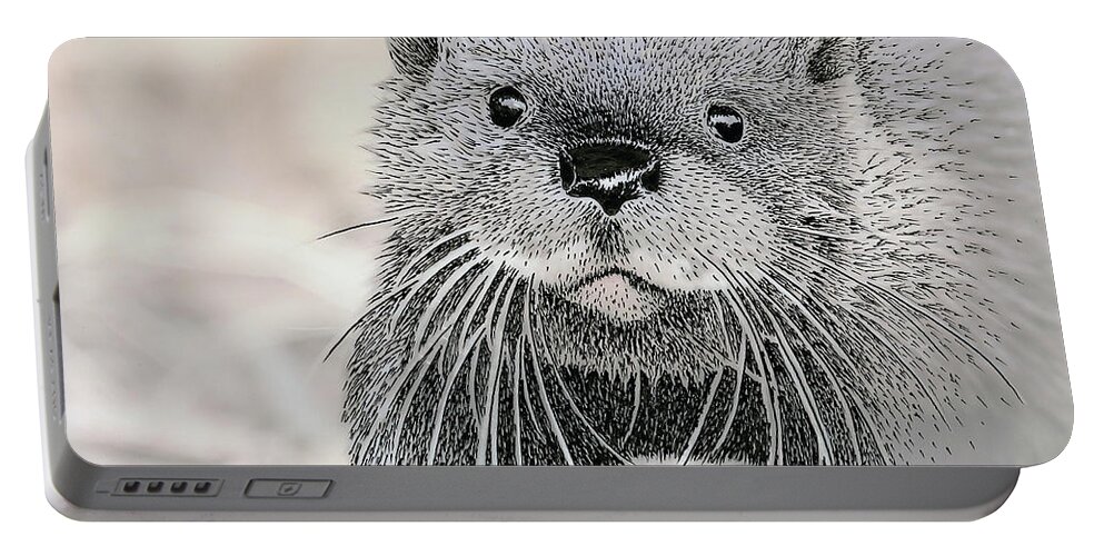 Otter Portable Battery Charger featuring the mixed media Otter approaching, mixed media. by Tony Mills