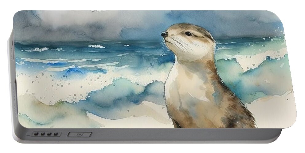 Nature Portable Battery Charger featuring the painting Otter At Beach by N Akkash