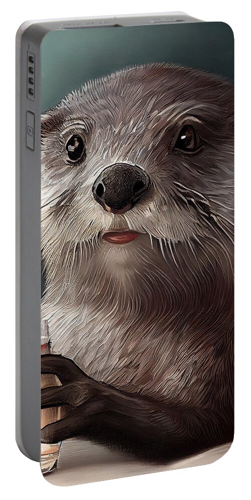 Nature Portable Battery Charger featuring the painting Otter Having Drink by N Akkash
