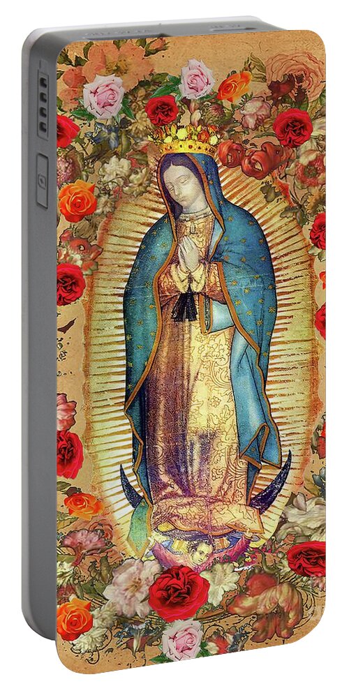 Guadalupe Portable Battery Charger featuring the mixed media Our Lady of Guadalupe Roses by Juan Diego