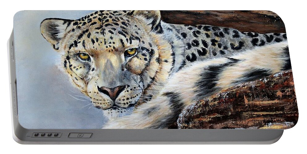 Leopard Portable Battery Charger featuring the painting Out on a Ledge by Mary McCullah