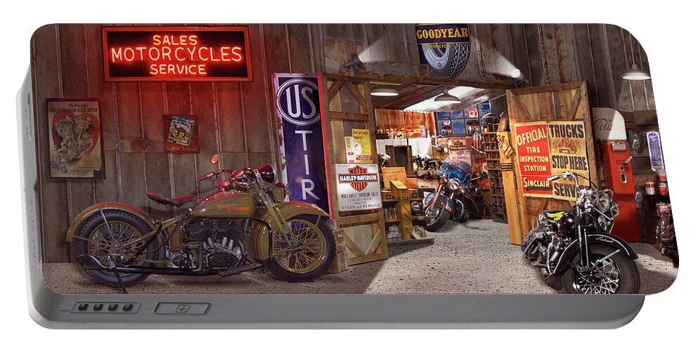 Motorcycle Shop Portable Battery Charger featuring the photograph Outside the Motorcycle Shop by Mike McGlothlen