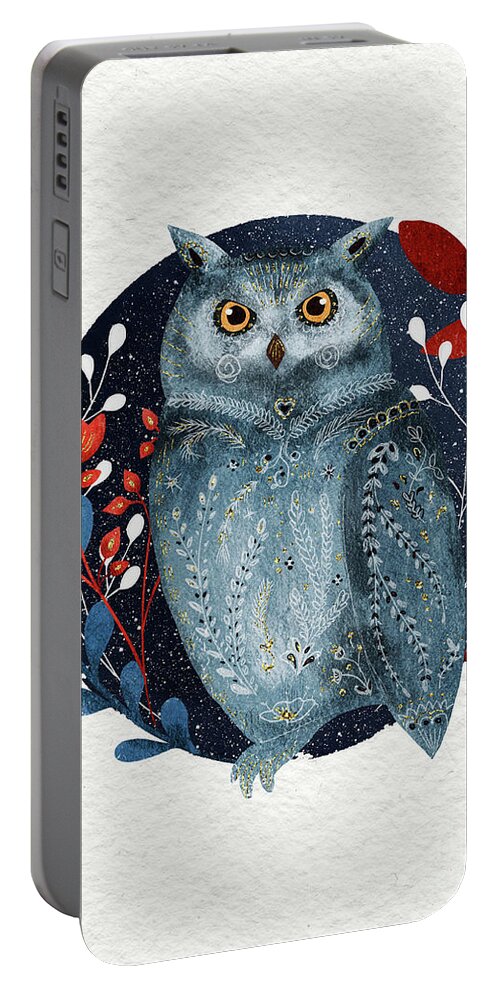 Owl Portable Battery Charger featuring the painting Owl With Flowers by Modern Art