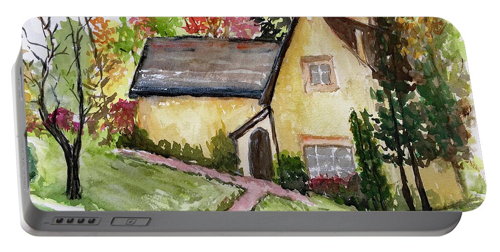 Cotswold Painting Portable Battery Charger featuring the painting Owlpen Manor The Cotswolds by Roxy Rich