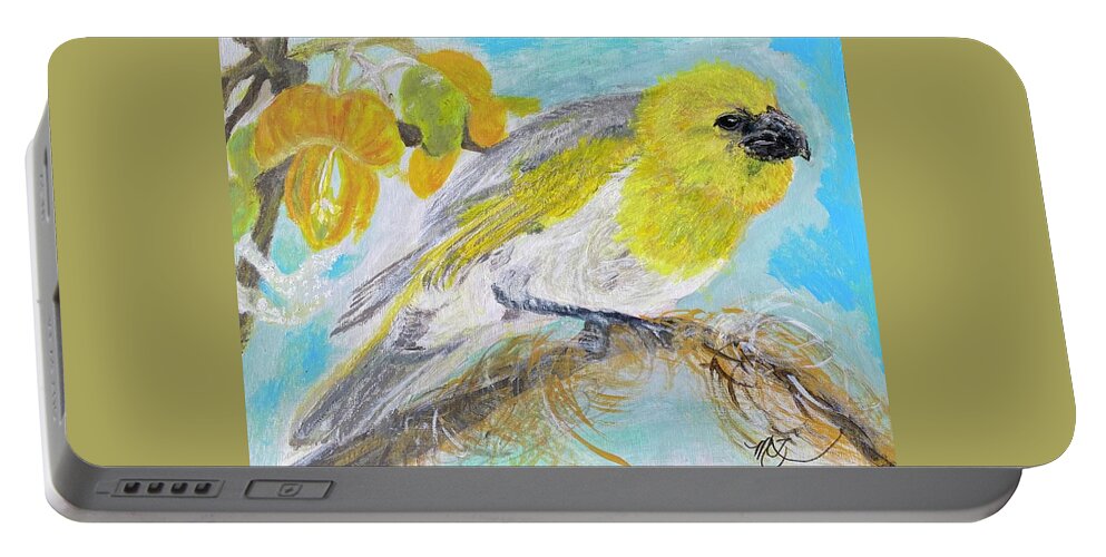 Palila Portable Battery Charger featuring the painting Palila in the Mamane Tree by Melody Fowler