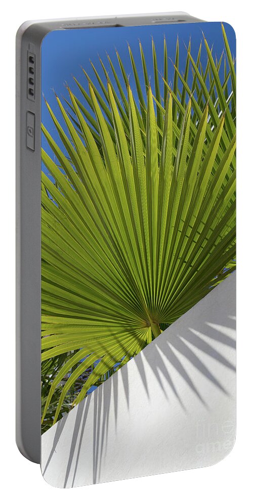 Palm Leaf Portable Battery Charger featuring the photograph Green palm leaves, blue sky and white wall of a modern finca 2 by Adriana Mueller