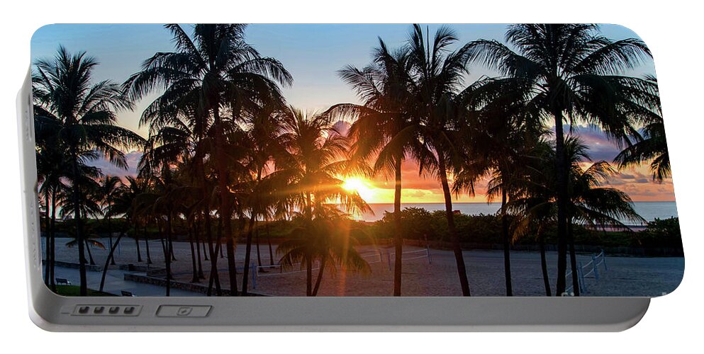 Palm Portable Battery Charger featuring the photograph Palm Tree Sunset on Ocean Drive South Beach Miami by Beachtown Views