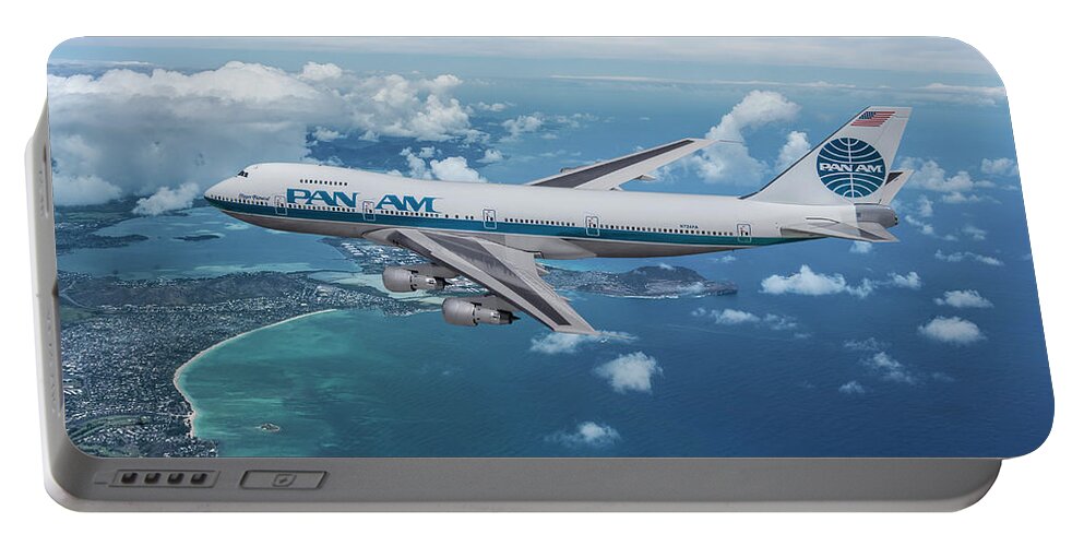 Boeing 747 Portable Battery Charger featuring the mixed media Pan American Flying to Hawaii by Erik Simonsen