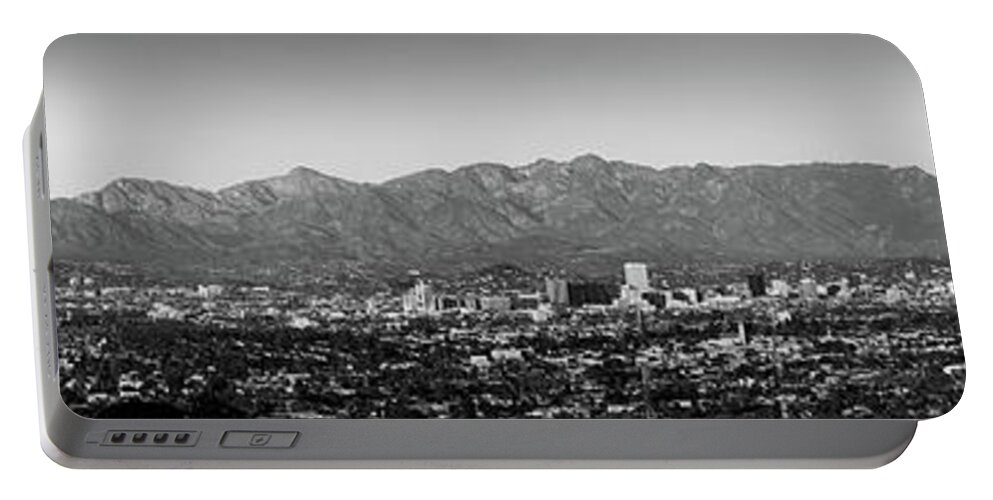 Hollywood Hills Portable Battery Charger featuring the photograph Panorama From The Hollywood Hills Sign To Downtown Los Angeles Skyline - Black and White by Gregory Ballos