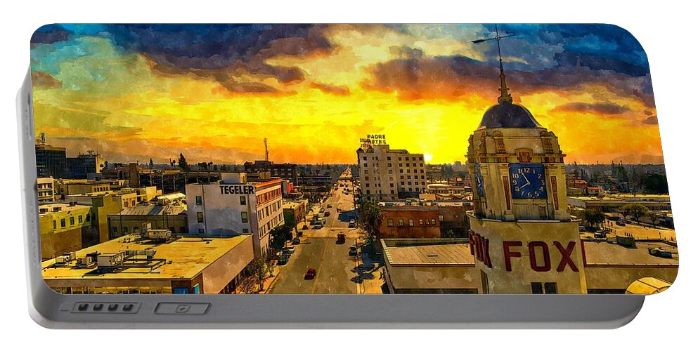 Bakersfield Portable Battery Charger featuring the digital art Panorama of downtown Bakersfield, California - watercolor painting by Nicko Prints