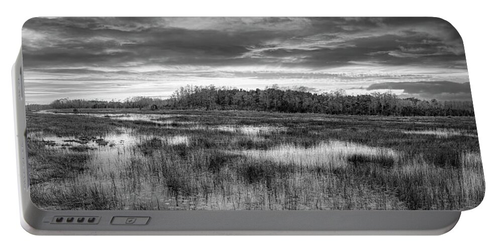 Clouds Portable Battery Charger featuring the photograph Panorama Overlooking the Marsh Black and White by Debra and Dave Vanderlaan