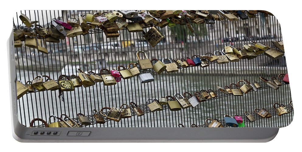 Paris Louvre France Pont Des Arts Famous Lovers Love Lock Bridge Unesco World Heritage Site Seine Riverfront River Popular Picnics Open-air Art Studios Contemporary Loving Locks Fence Expressive Superstitious Custom Effective Padlocks Railing Keys Emotional Eccentric Peculiar Singular Meaningful Philosophical Creative Spiritual Charming Aesthetic Attractive Affair Togetherness Passion Romance Sweet Amorous Sweetheart Valentine Idyllic Serenity Poetry Inspiration Sentimental Tradition Railings Portable Battery Charger featuring the photograph Famous Love Lovers Lock Bridge over Seine Paris million padlocks by Tatiana Bogracheva