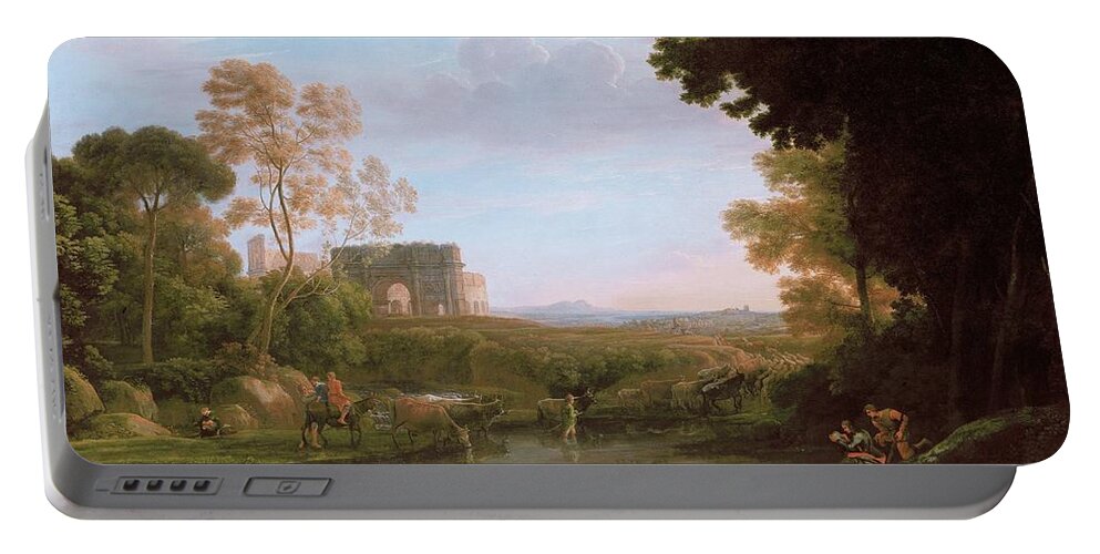 Mountain Portable Battery Charger featuring the painting Pastoral with the Arch of Constantine Claude Lorrain by MotionAge Designs