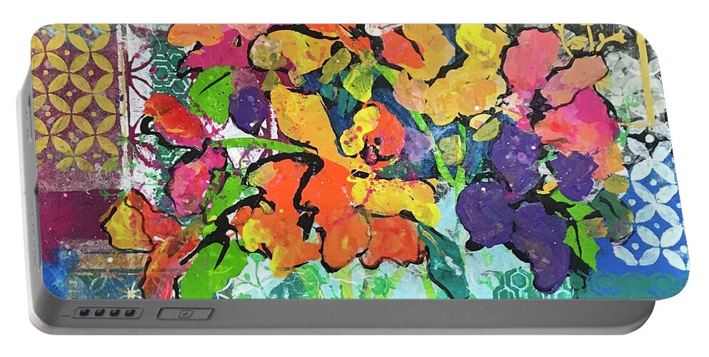 Mixed Flower Bouquet Portable Battery Charger featuring the painting Patio Profusion by Elaine Elliott