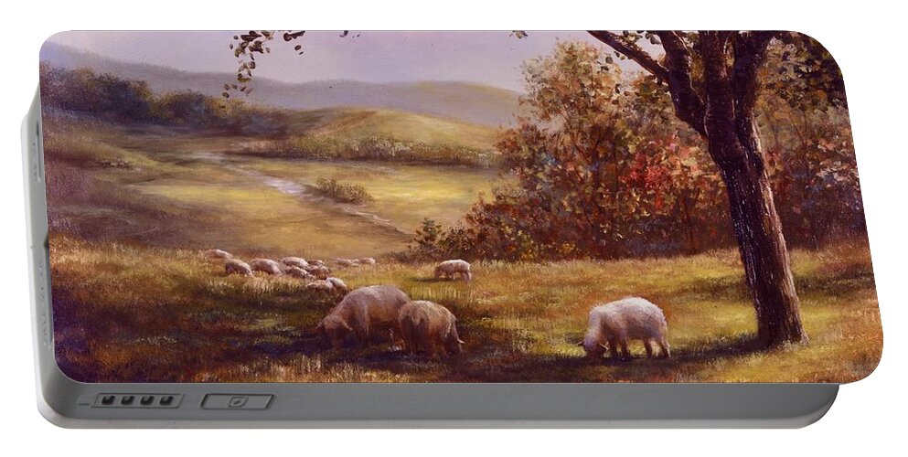 Country Landscape Portable Battery Charger featuring the painting Peaceful Pasture by Lynne Pittard