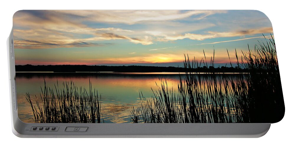Lake Sunset Portable Battery Charger featuring the photograph Peaceful Sunset by Mary Walchuck