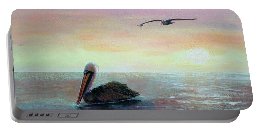 Pelicans Portable Battery Charger featuring the painting Pelican beach by Ruth Kamenev