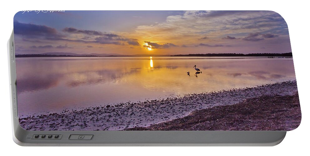 Australian Pelicans Portable Battery Charger featuring the digital art Pelican sunset 9885 by Kevin Chippindall