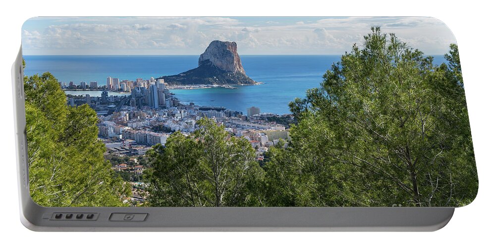 Spain Portable Battery Charger featuring the photograph Penon de Ifach and pine trees in Calpe by Adriana Mueller