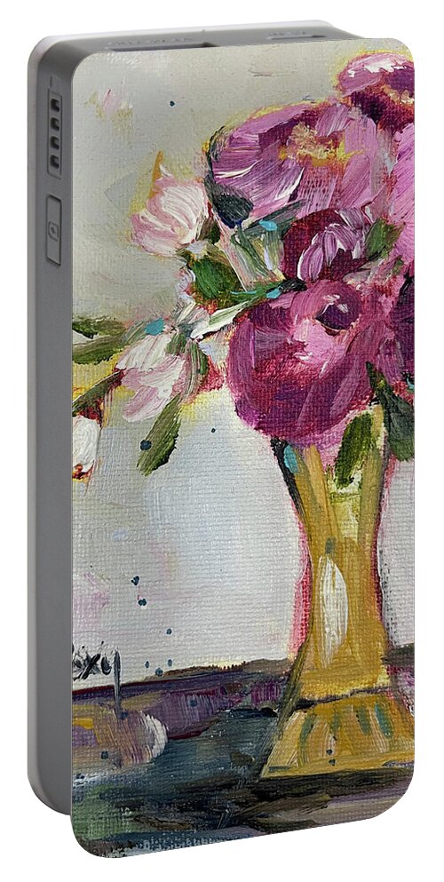 Peonies Portable Battery Charger featuring the painting Peonies in a Yellow Vase by Roxy Rich