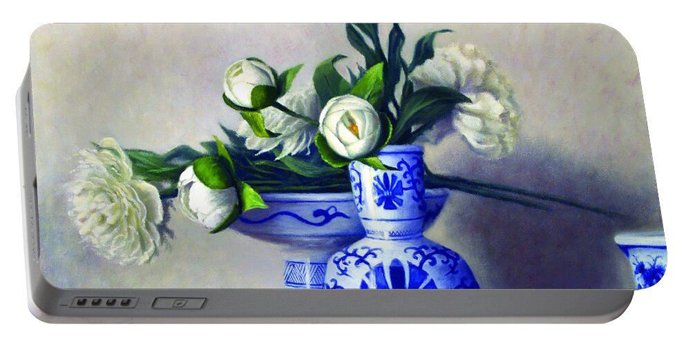Still Life Portable Battery Charger featuring the painting Peony Blossoms by Rick Hansen