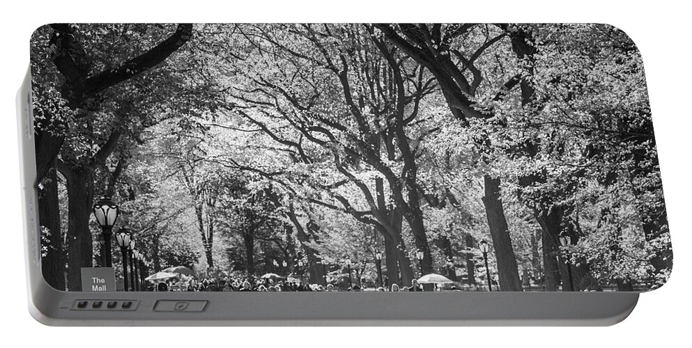 Photography Black And White Image Horizontal Central Park Mall Central Park Manhattan New York City New York State Usa North America Outdoors Day Large Group Of People People Men Women Adult Walking Motion On The Move Tree Autumn Season Leisure Activity Nature Scenics Tranquil Scene Tranquility Travel Destinations  Portable Battery Charger featuring the photograph People walking in a park, Central Park Mall, Central Park, Manhattan, New York City, New York State, by Panoramic Images