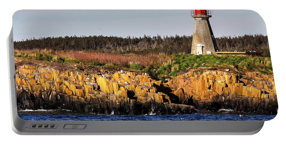 Light House Island Peters Island Gulls Rocks Sea Ocean Nova Scotia Portable Battery Charger featuring the photograph Peters Light House by David Matthews