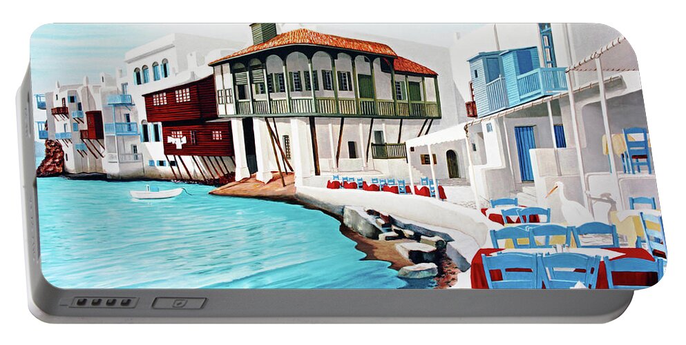 Mykonos Portable Battery Charger featuring the painting PETROS IN MYKONOS - prints of oil painting by Mary Grden