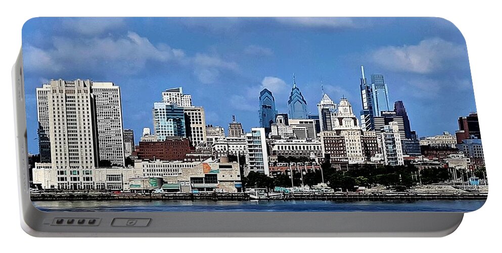 Philadelphia Portable Battery Charger featuring the photograph Philadelphia Skyline across the Delaware River from the Aquarium in Camden, New Jersey by Linda Stern