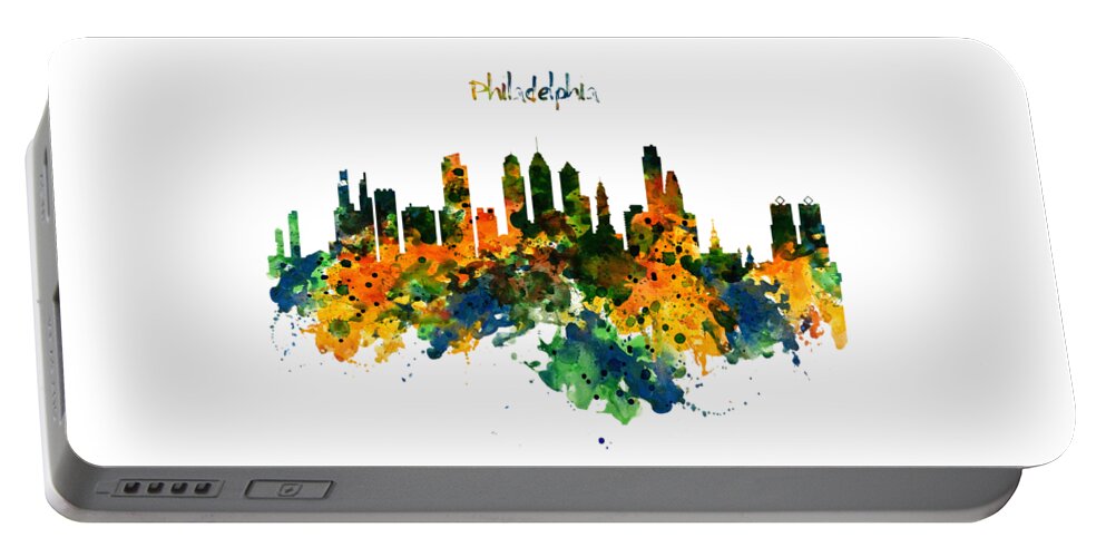 Marian Voicu Portable Battery Charger featuring the painting Philadelphia Watercolor Skyline by Marian Voicu