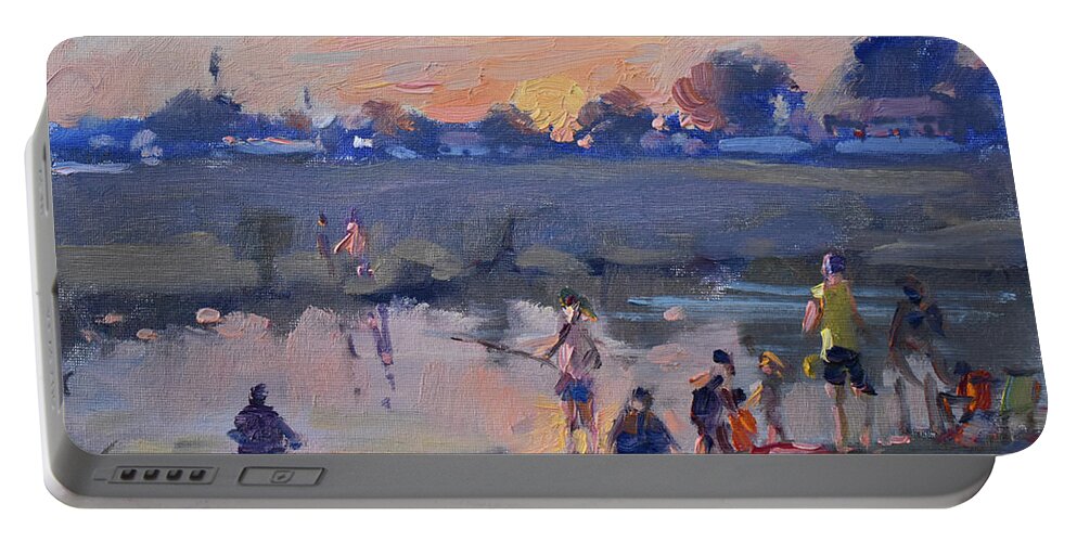 Phishing Portable Battery Charger featuring the painting Phishing in the Pond by Ylli Haruni