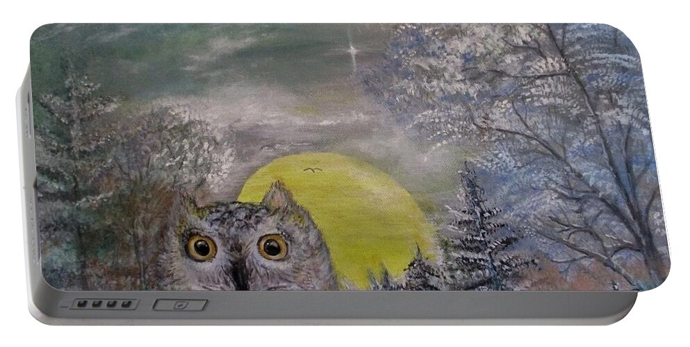 Moon Owl North Star Portable Battery Charger featuring the painting Moon Owl North Star by Lynn Raizel Lane