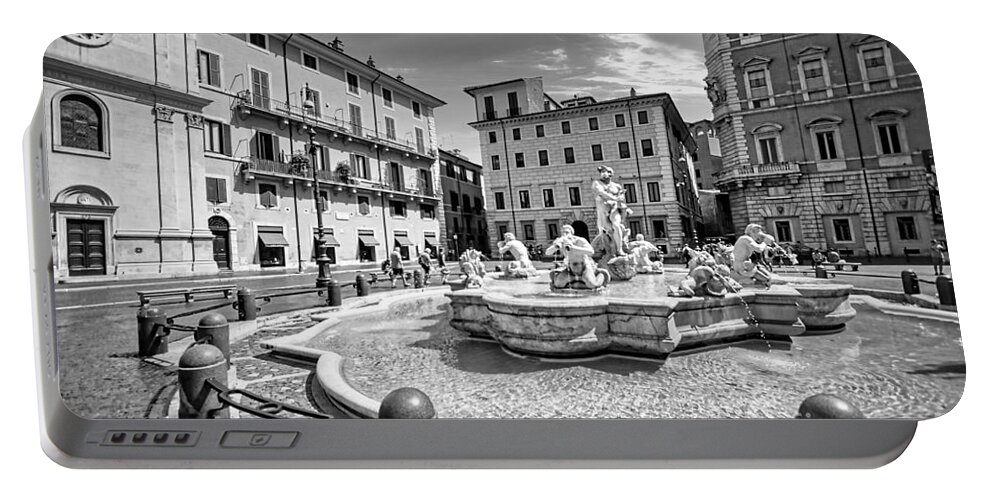 Piazza Navona Portable Battery Charger featuring the photograph Piazza Navona in Rome - Fontana del Moro BW by Stefano Senise