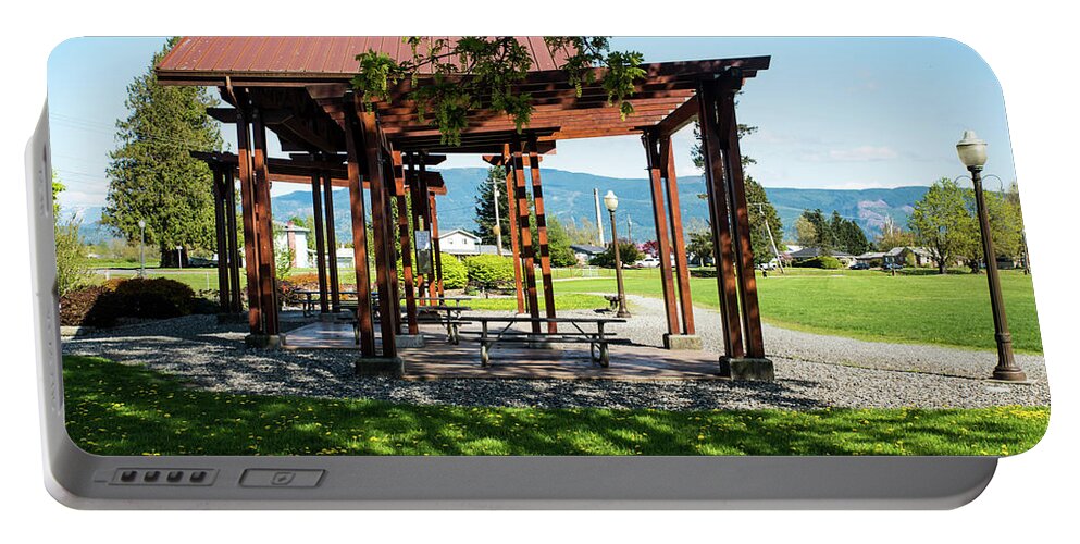 Picnic Shelter At Riverside Park Portable Battery Charger featuring the photograph Picnic Shelter at Riverside Park by Tom Cochran