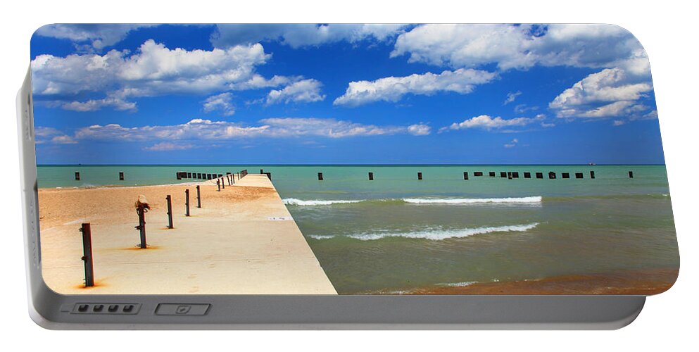 Landscape Portable Battery Charger featuring the photograph Pier Blue Sky Clouds Lake North Avenue Beach by Patrick Malon