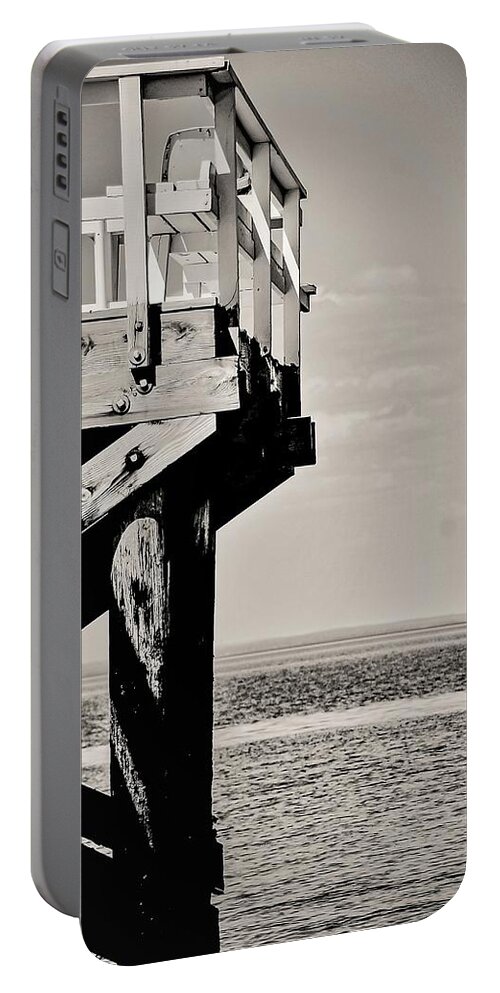 Pier Wood Dock Water Lake Black White Portable Battery Charger featuring the photograph Pier by John Linnemeyer