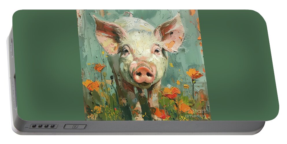 Pig Portable Battery Charger featuring the painting Piggy In The Poppies by Tina LeCour