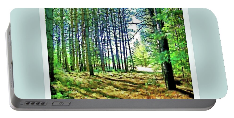 Woods Portable Battery Charger featuring the photograph Pine Tree Path by Shirley Moravec