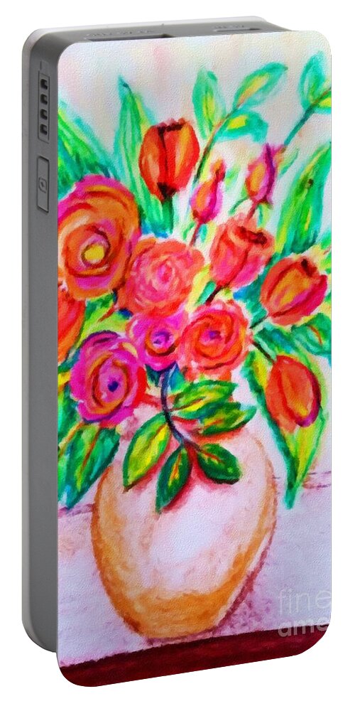 Pink Portable Battery Charger featuring the digital art Pink and Orange Floral Bouquet Pastel Chalk Digitally Altered by Delynn Addams