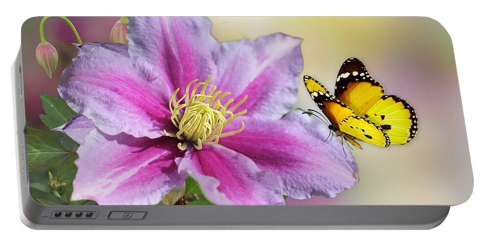 Yellow Butterfly Portable Battery Charger featuring the mixed media Pink Clematis and Butterfly by Morag Bates