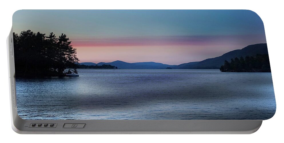 Sun Portable Battery Charger featuring the photograph Pink Clouds and Sunset Over Lake by Russ Considine