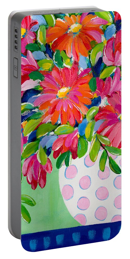 Flowers Portable Battery Charger featuring the painting Pink Dotted Vase by Beth Ann Scott
