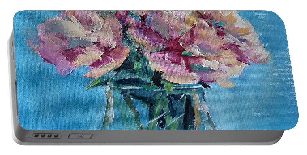 Pink Portable Battery Charger featuring the painting Pink Flowers with Blue by Sheila Romard